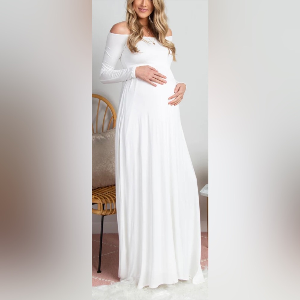 Pink Blush tall ivory off shoulder maternity dress